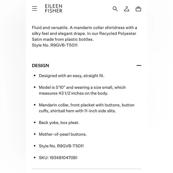 EILEEN FISHER NWOT Recycled Polyester Satin Shirtdress in‎ Serrano - Picture 9 of 10